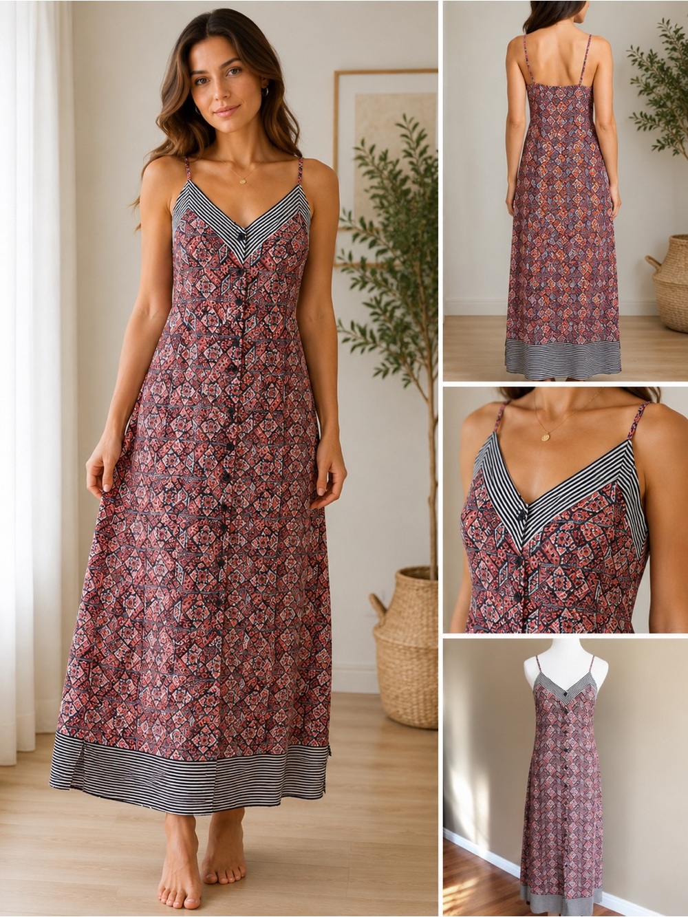 ASTR Button-Down Geometric Print Front Slip Maxi Dress - Red Gray Sexy $128
